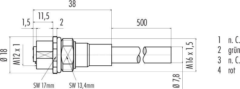 Rysunek techniczny złącza z wymiarami gwintu M12x1 i M16x1,5 oraz długością przewodu 500 mm.