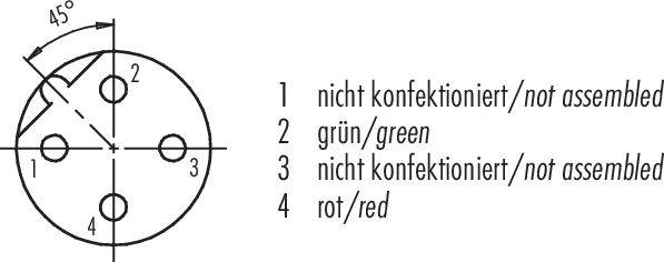 Symbol kołowy z czterema ponumerowanymi punktami. Punkty 1 i 3: 'nieprodukowany'. Punkt 2: 'zielony'. Punkt 4: 'czerwony'. Kąt 45°.