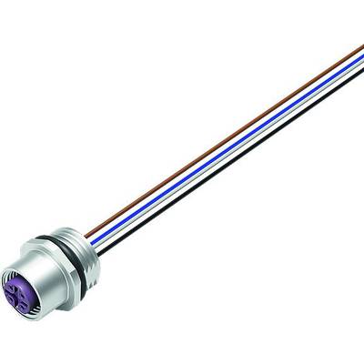 Kabel z srebrną, okrągłą wtyczką i wieloma kolorowymi przewodami: brązowym, białym, niebieskim, czarnym i fioletowym.
