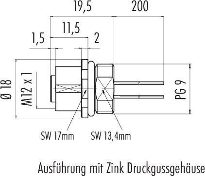 Rysunek techniczny złącza z wymiarami. Opisy: 'Ø18', 'M12 x 1', 'SW 17mm', 'SW 13,4mm', długość '200', '19,5', '1,5', 'PG 9'. Tekst: 'Wykonanie z obudową z ciśnieniowego odlewu cynkowego'.