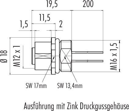 Rysunek techniczny cylindrycznego wtycznika o następujących wymiarach: całkowita długość 200 mm, średnica 18 mm, obudowa wykonana z odlewu ciśnieniowego cynku.