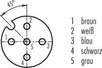 Diagram wtyczki 5-biegunowej z numeracją kolorów: 1 brązowy, 2 biały, 3 niebieski, 4 czarny, 5 szary. Pokazuje oznaczenie pod kątem 45°.
