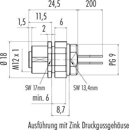 Rysunek techniczny złącza z wymiarami w milimetrach. Główne cechy: Ø18, długość 24,5-200, gwint M12x1, klucz 17 mm.