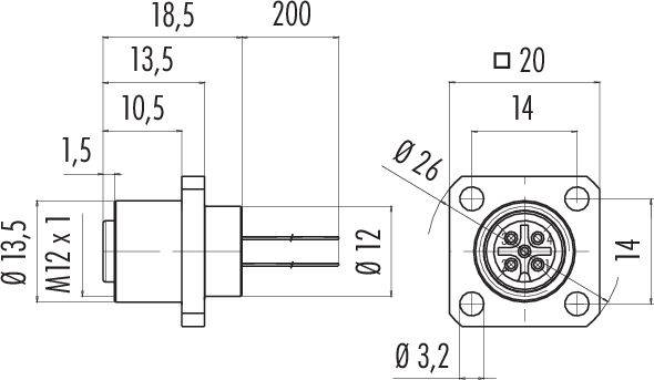 Rysunek techniczny okrągłego złącza wtykowego z wymiarami: 18,5 mm, 20 mm i 26 mm. Przedstawia widok z góry i widok z boku, gwint M12.