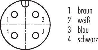 Diagram złącza okrągłego z czterema numerowanymi pinami. Po prawej stronie legenda: 1 brązowy, 2 biały, 3 niebieski, 4 czarny.