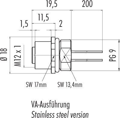Rysunek techniczny wtyczki ze stali nierdzewnej z wymiarami: długość 200 mm, średnica 18 mm, gwint M12 x 1, rozstaw klucza 17 mm i 13,4 mm.