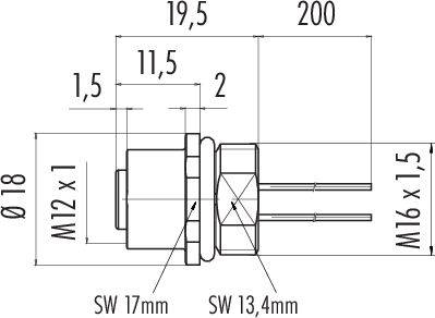 Rysunek techniczny śruby z gwintem M12 x 1, średnicy 18 mm, klucz 13,4 mm, długość 200 mm. Wymiary i gwint przedstawione.
