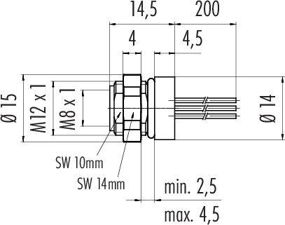 Rysunek techniczny części cylindrycznej z wymiarami: długość 200 mm, średnica 14 mm, gwint M12 x 1, M8 x 1.