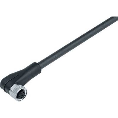 Czarny kabel zakończony kątem prostym oraz srebrną, okrągłą metalową końcówką, odpowiedni do połączeń elektrycznych.