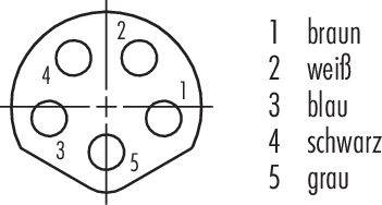Rozmieszczenie styków: Styk 1 jest brązowy, styk 2 jest biały, styk 3 jest niebieski, styk 4 jest czarny, styk 5 jest szary. Diagram przedstawia układ kołowy.