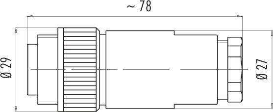 Rysunek techniczny cylindrycznego złącza wtykowego z rowkowaniem. Całkowita długość około 78 mm, średnica 29 mm i 27 mm.