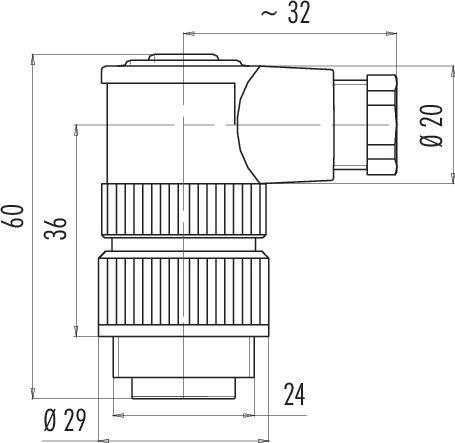 Rysunek techniczny złącza z wymiarami: długość całkowita 60 mm, szerokość 36 mm, średnica 20 mm, 24 mm i 29 mm.