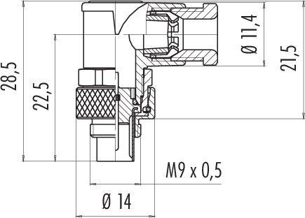 Przekrój poprzeczny złączki rurowej z jednostkami miary w milimetrach, przedstawiający gwint 'M9 x 0,5' oraz średnicę 'Ø 14'.