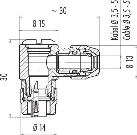Rysunek techniczny złącza. Szczegóły dotyczące średnicy kabla: 3,5-5 mm oraz 5-8 mm. Wymiary: ~30 mm długości, 30 mm wysokości, średnica 13-15 mm.
