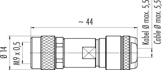 Rysunek techniczny złącza. Gwint M9, całkowita długość ~44 mm, maksymalna średnica przewodu 5,5 mm, średnica zewnętrzna 14 mm.