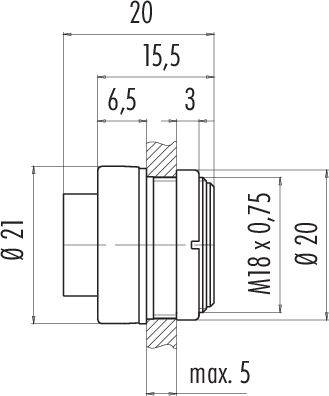 Rysunek techniczny elementu złącznego z wymiarami w milimetrach. Średnica główna 21 mm, gwint M18 x 0,75.