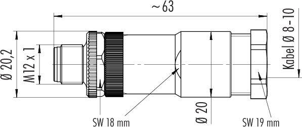 Rysunek techniczny złącza cylindrycznego z wymiarami: całkowita długość ~63 mm, średnica M12 x 1, średnica kabla Ø 8-10 mm.