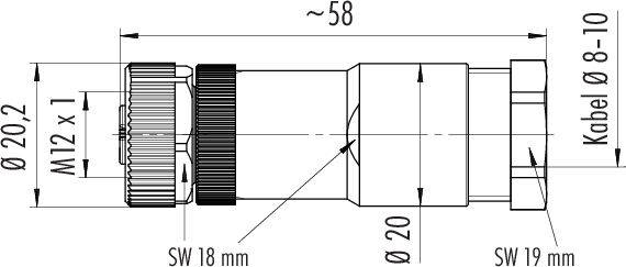 Rysunek techniczny złącza z wymiarami: długość 58 mm, średnica 20 mm, średnica kabla 8-10 mm. Zawiera gwint M12x1.