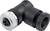 Czarny, kątowy złącz z wyprofilowanym, srebrnym, żebrowanym zamknięciem śrubowym, przeznaczony do zastosowań technicznych.
