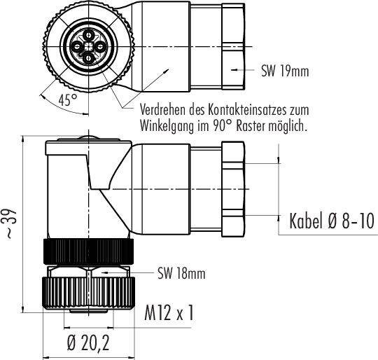 Rysunek techniczny złącza z wymiarami: średnica 20,2 mm, średnica kabla 8-10 mm, gwint M12 x 1.