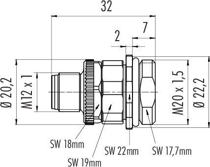 Rysunek techniczny złącza cylindrycznego o parametrach: M20 x 1,5, długość 32 mm, klucz 18/19/22 mm, średnica 20,2 mm.