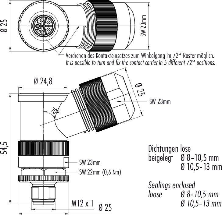 Rysunek techniczny złącza wtykowego z wymiarami. Podano kąt nachylenia, rozmiary oraz szczegóły gwintów dla montażu i uszczelnień.