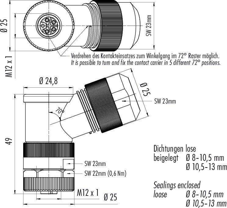 Rysunek techniczny czujnika kąta. Wymiary: Ø 24,8 mm, Ø 25 mm, wysokość 49 mm. Szczegóły dotyczące uszczelnień: Ø 8−10,5 mm lub Ø 10,5−13 mm włącznie.