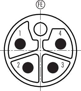 Elektryczny schemat połączeń z okrągłą wtyczką oznaczoną numerami od 1 do 4, podzieloną na cztery segmenty. Powyżej umieszczono napis 'FE'.