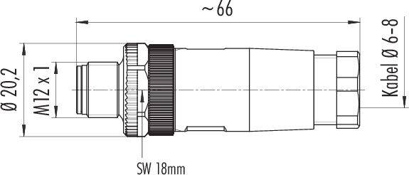 Wtyk przyłączeniowy, gwint M12, całkowita długość ok. 66 mm, średnica kabla 6-8 mm, szerokość klucza (SW) 18 mm.