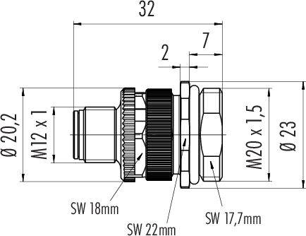 Rysunek techniczny elementu cylindrycznego: szczegółowo opisane są wymiary, rozmiary gwintu oraz szerokości klucza.