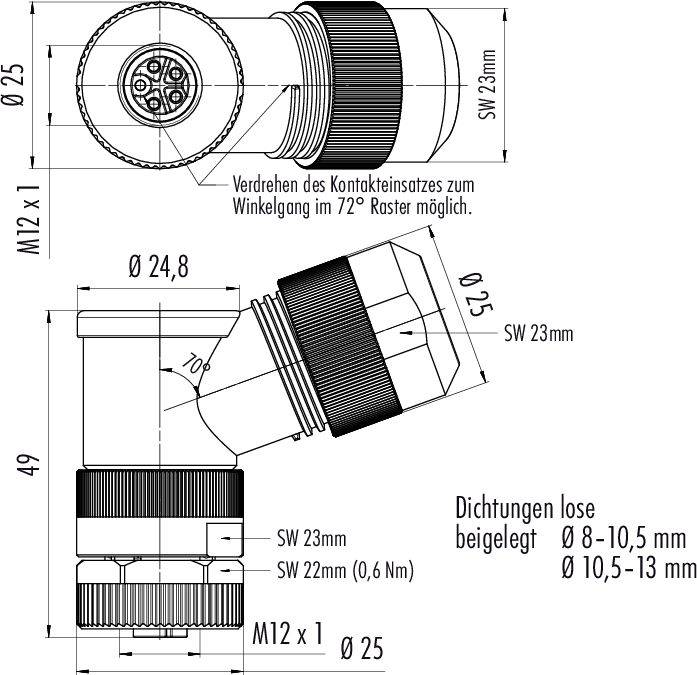 Techniczny rysunek złącza z widokiem pod kątem. Podane są wymiary i średnice. Odpowiedni dla kabli o średnicy od 10,5 do 13 mm.
