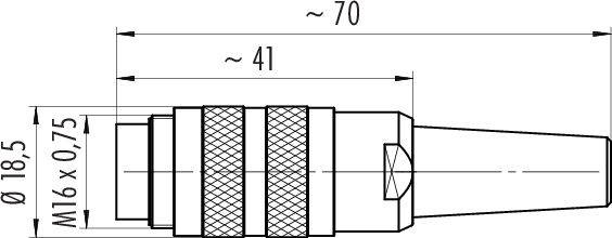 Rysunek techniczny komponentu cylindrycznego z wymiarami: całkowita długość ~70 mm, średnica 18,5 mm, gwint M16 x 0,75.