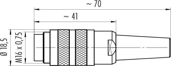 Rysunek techniczny złącza kołowego z wymiarami: średnica 18,5 mm, długość 70 mm, gwint M16 x 0,75 mm.