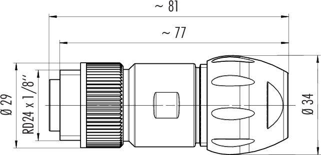 Rysunek techniczny: Widok z boku elementu łączącego o kształcie cylindrycznym z wymiarami. Długość: ok. 81 mm, średnica: ok. 34 mm.