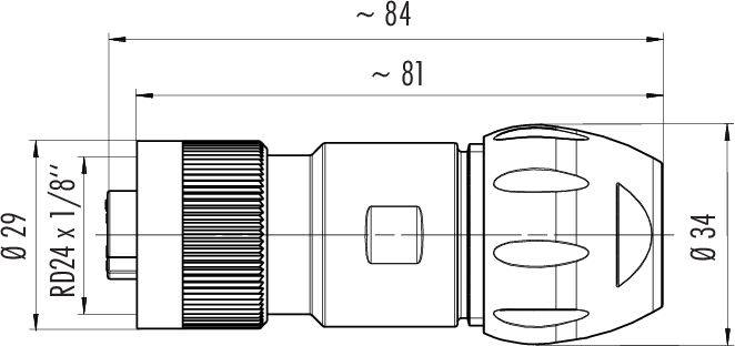 Rysunek techniczny elementu cylindrycznego o następujących wymiarach: długość 84 mm, szerokość 29 mm, gwint RD24 x 1/8", średnica 34 mm.