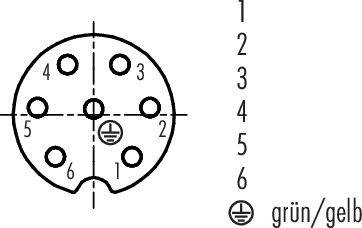 Złącze z sześcioma numerowanymi pinami i symbolem uziemienia, oznaczone kolorystycznie jako 'zielono/żółte'. Zestawienie przyporządkowania pinów.