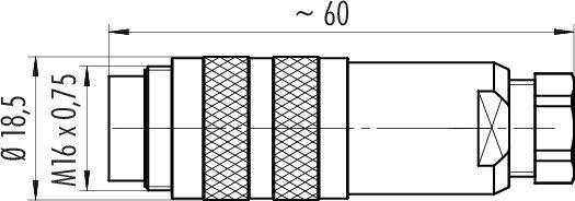 Rysunek techniczny złącza cylindrycznego. Wymiary: średnica 18,5 mm, długość ok. 60 mm, gwint M16 x 0,75.