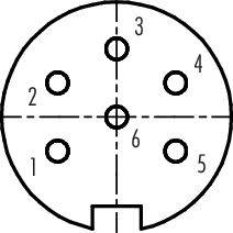 Rysunek techniczny okrągłego złącza z diagramem rozmieszczenia pinów, przedstawiający sześć ponumerowanych styków (od 1 do 6) w określonych odstępach.
