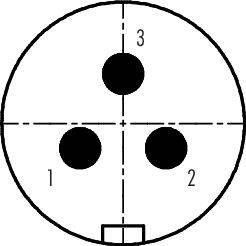 Rysunek schematu elektrycznego z trzema stykami o kształcie kolistym, ułożonymi w formie trójkąta, ponumerowanymi 1, 2 i 3, przypominającymi złącze wtykowe.