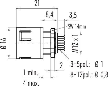 Rysunek techniczny złącza z wymiarami w milimetrach. Średnica 16, długość 21, gwint M12x1, rozstaw klucza 14 mm.