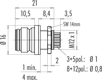 Rysunek techniczny złącza z wymiarami metrycznymi. Główne parametry to średnica (Ø16) i gwint (M12x1).