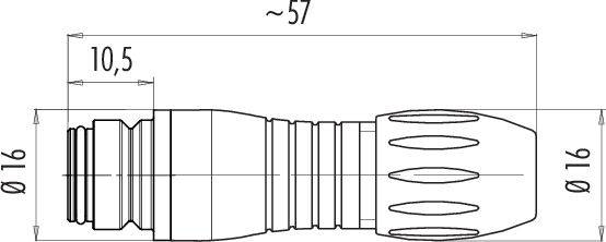 Rysunek techniczny cylindrycznego złącza o średnicach od 10,5 do 16 mm i przybliżonej długości 57 mm.