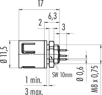 Rysunek techniczny złącza elektrycznego z wymiarami w milimetrach: średnica 11,5, długość 17, gwint M8 x 0,75.