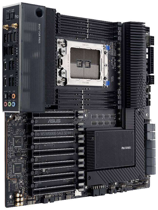 Płyta główna komputera, model ASUS Pro WS WRX80E-SAGE SE WIFI, z wieloma slotsami rozszerzeń i zintegrowanymi portami.
