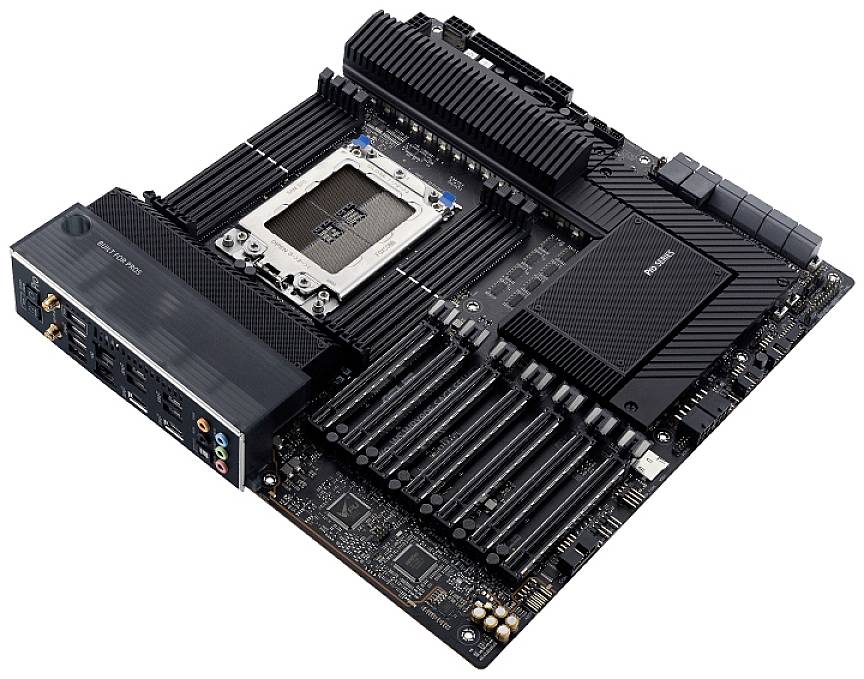 Płyta główna komputera z wieloma gniazdami RAM, gniazdem procesora CPU pośrodku, slotami rozszerzeń i złączami po lewej stronie.