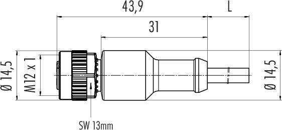Rysunek techniczny cylindrycznego wtycznika, długość 43,9 mm, średnica 14,5 mm, gwint M12 x 1, rozstaw kluczy 13 mm.