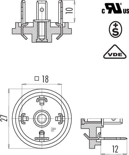 Rysunek techniczny wtyczki z symbolami elektrycznymi i wymiarami: 18 mm, 27 mm oraz 12 mm. Zawiera znaki certyfikacji cRUus i VDE.