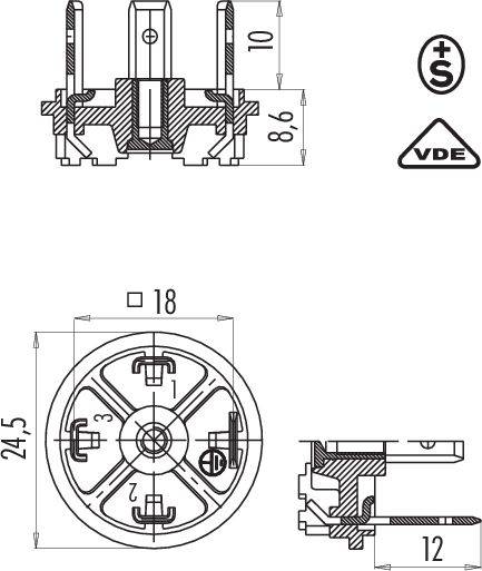 Rysunek techniczny wtyczki z wymiarami: 24,5 mm średnicy, 18 mm głębokości. Przedstawia widok z boku i z przodu. Symbole bezpieczeństwa i certyfikacji.