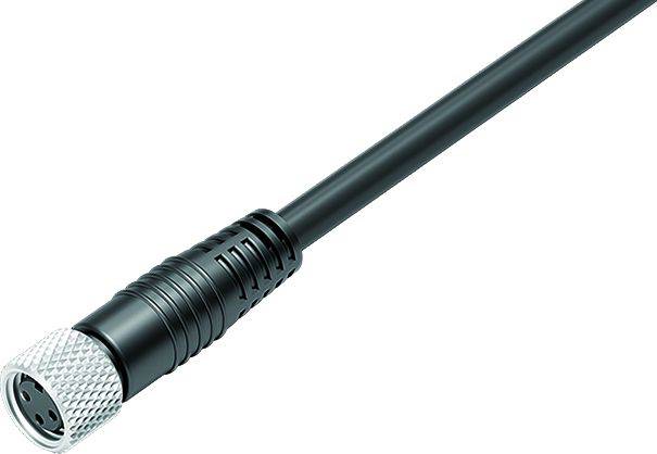 Czarny kabel zakończony srebrnym, okrągłym wtykiem, często stosowany w zastosowaniach przemysłowych lub połączeniach elektrycznych.