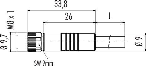Rysunek techniczny cylindrycznego elementu metalowego z wymiarami: długość całkowita 33,8 mm, długość gwintu 26 mm, średnica 9 mm, szerokość klucza 9 mm.